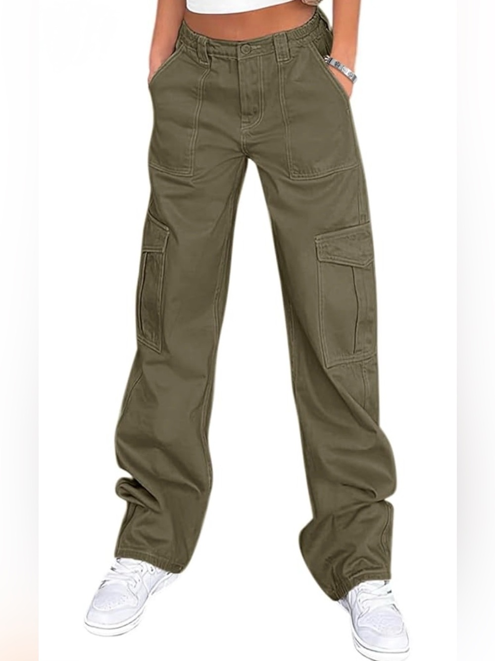 Lepunuo Cargo Pants High Waisted Baggy Stretchy Wide Leg Olive Green Size Medium